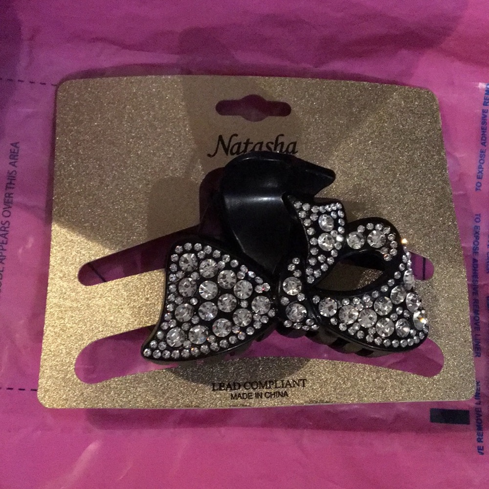 New Natasha Black & Rhinestone Bow Hair Clip